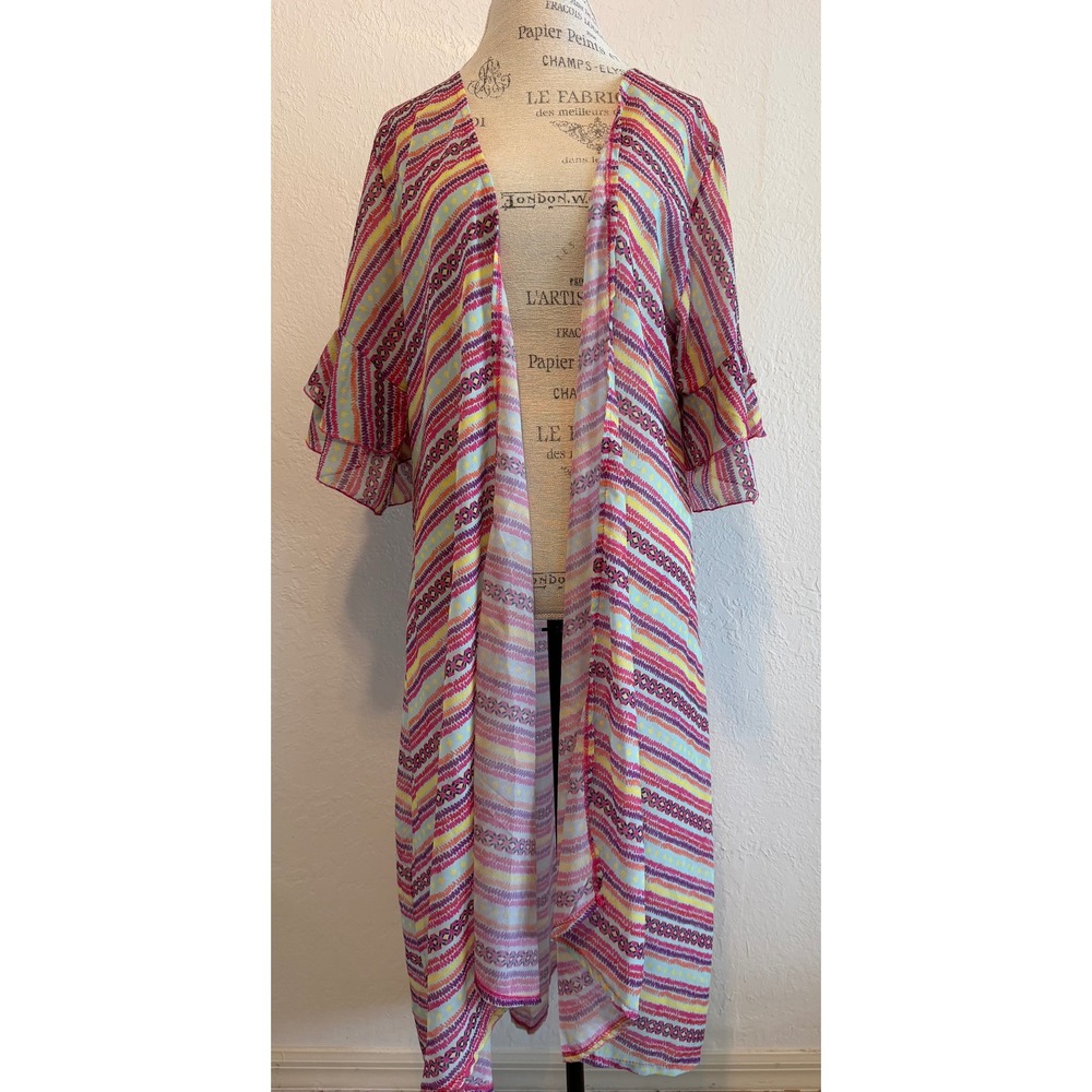 Grace & Emma Southern Grace Kimono Duster Multi Color Ruffle Sleeve M/L